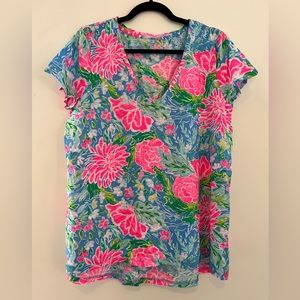 Lilly Pulitzer Etta V-Neck Top XL in Zanzabar Blue Blue Bunny Business NWOT